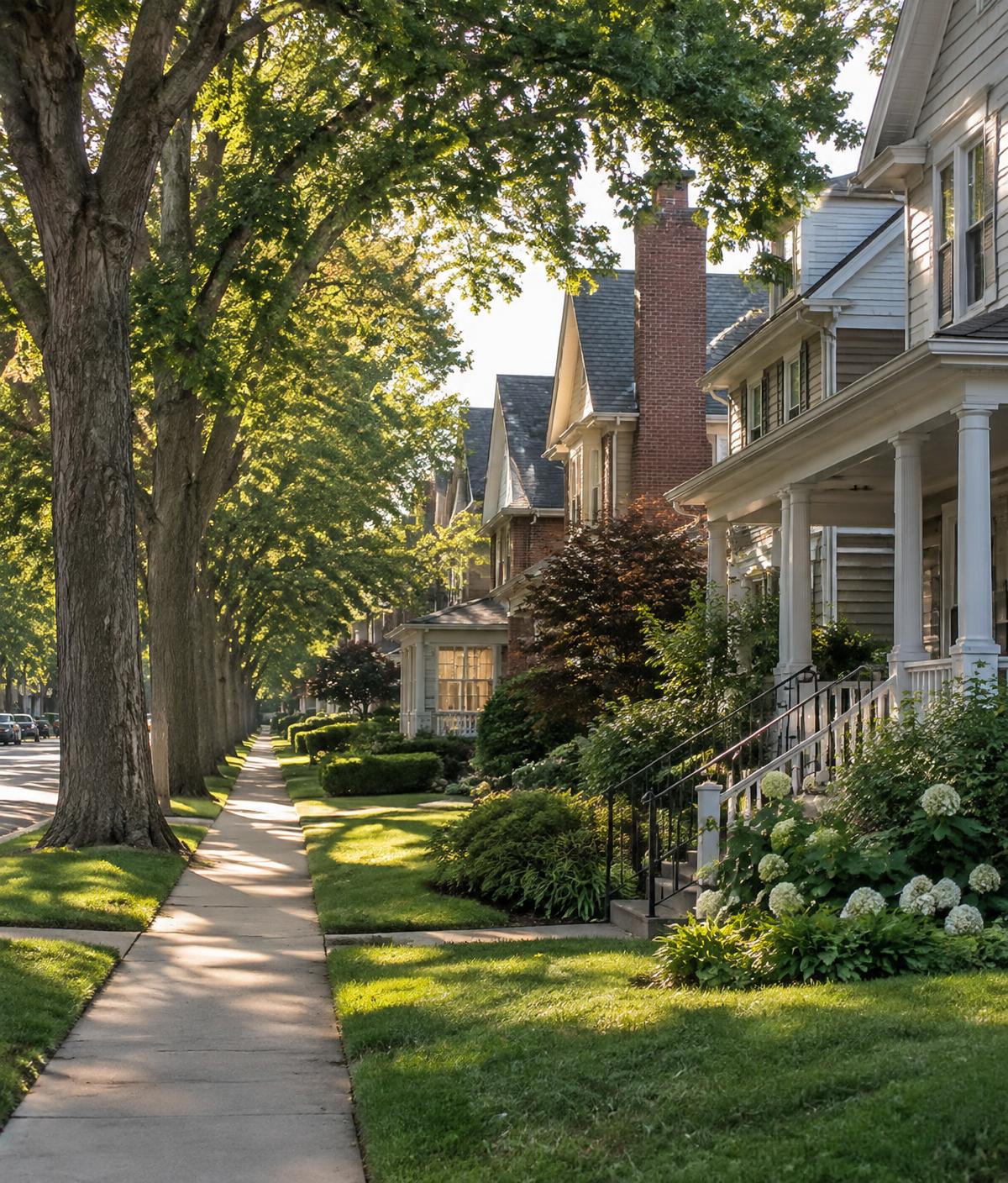 Tree-lined residential street with family homes
